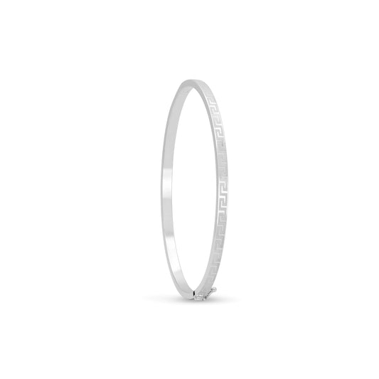 Greek Key Pattern Rounded Bangle White Gold