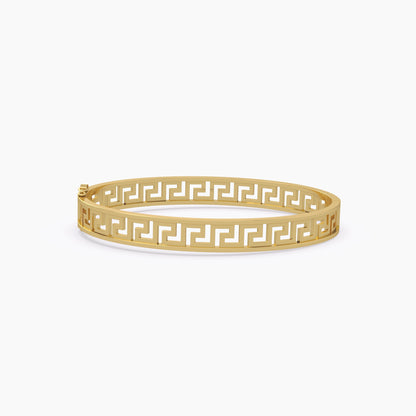 Greek Key Pattern Flat Faced Bangle Yellow Gold