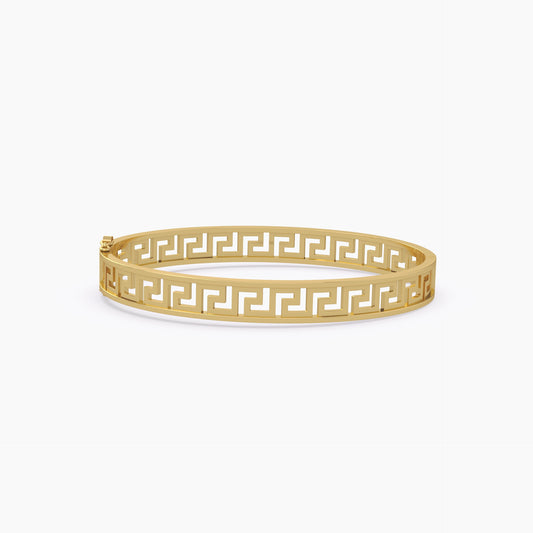 Greek Key Pattern Flat Faced Bangle Yellow Gold