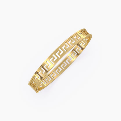Greek Key Pattern Flat Faced Bangle Yellow Gold
